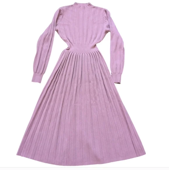 Sweater Dress Pink Long Sleeve Pleated Midi Dress Medium Mauve - Picture 7 of 8